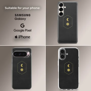 Celestial gold moon and sun emblem on a matte black phone case — Collage