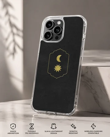 Celestial gold moon and sun emblem on a matte black phone case — Specs