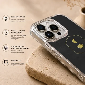 Celestial gold moon and sun emblem on a matte black phone case — Info