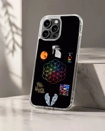 Coldplay collage music icons phone case featuring colorful geometric floral motif and artistic symbols