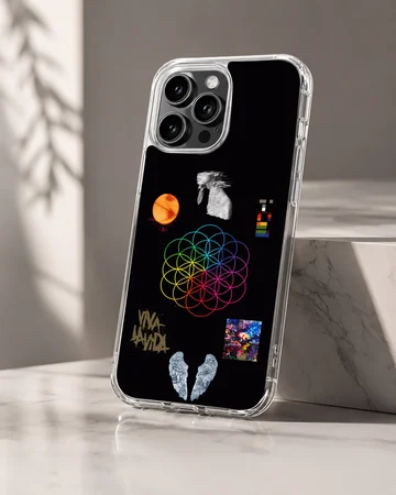 Coldplay collage music icons phone case featuring colorful geometric floral motif and artistic symbols — Hero