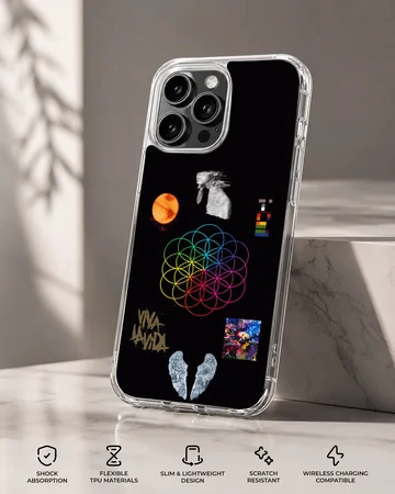 Coldplay collage music icons phone case featuring colorful geometric floral motif and artistic symbols — Specs