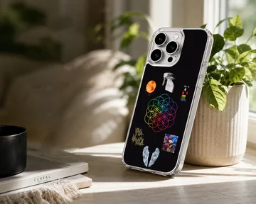 Coldplay collage music icons phone case featuring colorful geometric floral motif and artistic symbols — Lifestyle