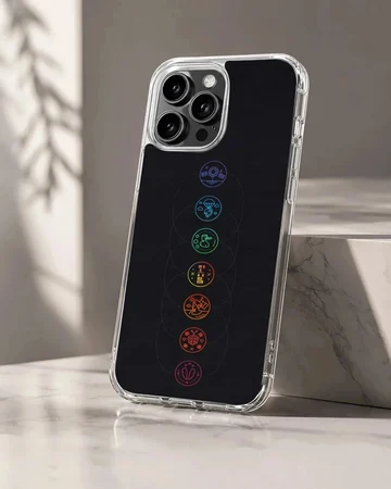 Music icons phone case featuring a vertical alignment of colorful circular graphic symbols on a black background