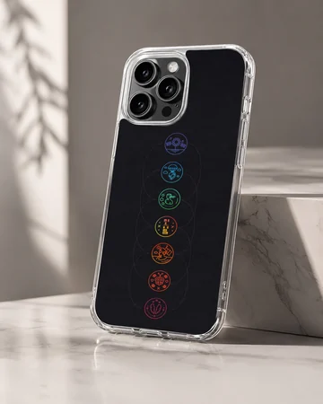 Music icons phone case featuring a vertical alignment of colorful circular graphic symbols on a black background — Hero
