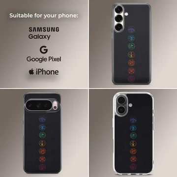 Music icons phone case featuring a vertical alignment of colorful circular graphic symbols on a black background — Collage