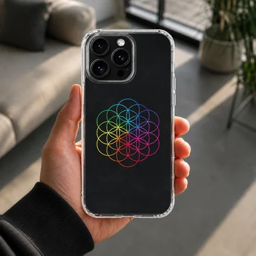 A vibrant rainbow geometric circles design printed on a matte phone case — Lifestyle