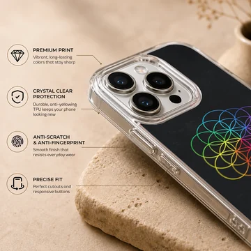 A vibrant rainbow geometric circles design printed on a matte phone case — Info