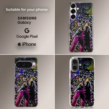 Live concert performance graphic with colorful floating confetti on a phone case — Collage