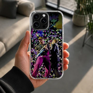 Live concert performance graphic with colorful floating confetti on a phone case — Lifestyle