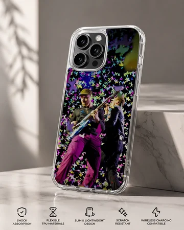 Live concert performance graphic with colorful floating confetti on a phone case — Specs