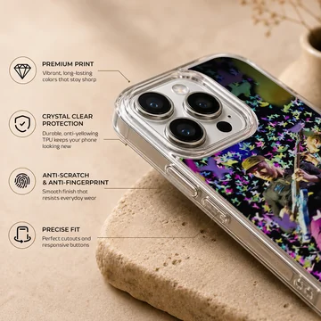 Live concert performance graphic with colorful floating confetti on a phone case — Info