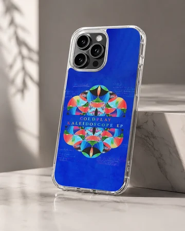 Colorful geometric kaleidoscope EP artwork centered on a blue background phone case — Hero