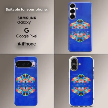 Colorful geometric kaleidoscope EP artwork centered on a blue background phone case — Collage
