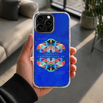 Colorful geometric kaleidoscope EP artwork centered on a blue background phone case — Lifestyle