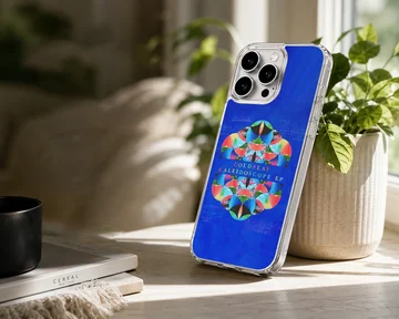 Colorful geometric kaleidoscope EP artwork centered on a blue background phone case — Lifestyle