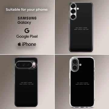 Minimalist black phone case featuring white typography that reads you don't know how lovely you are phone case — Collage