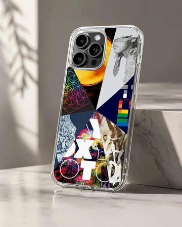 A collage of music icons and album art featured on a matte phone case