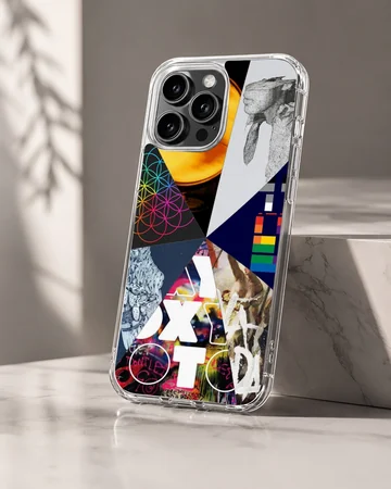 A collage of music icons and album art featured on a matte phone case — Hero