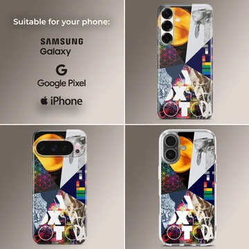 A collage of music icons and album art featured on a matte phone case — Collage