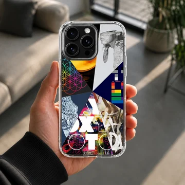 A collage of music icons and album art featured on a matte phone case — Lifestyle