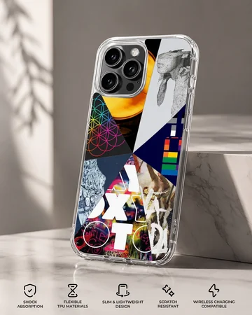 A collage of music icons and album art featured on a matte phone case — Specs