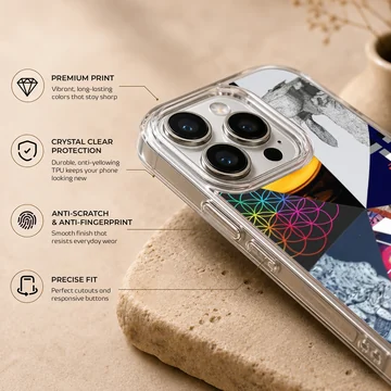 A collage of music icons and album art featured on a matte phone case — Info
