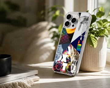 A collage of music icons and album art featured on a matte phone case — Lifestyle
