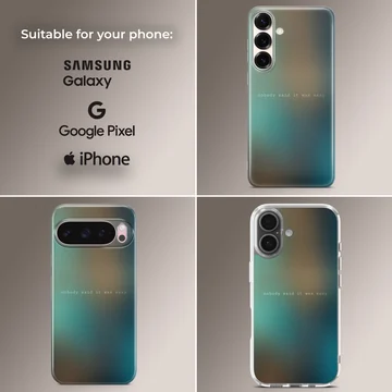 A soft TPU snap case with a blurred teal and amber gradient background and minimalist quote text phone case — Collage
