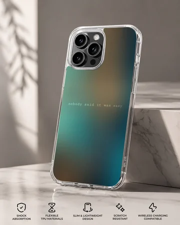 A soft TPU snap case with a blurred teal and amber gradient background and minimalist quote text phone case — Specs