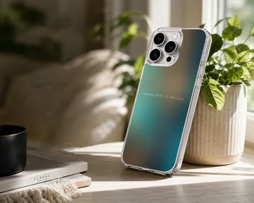 A soft TPU snap case with a blurred teal and amber gradient background and minimalist quote text phone case — Lifestyle