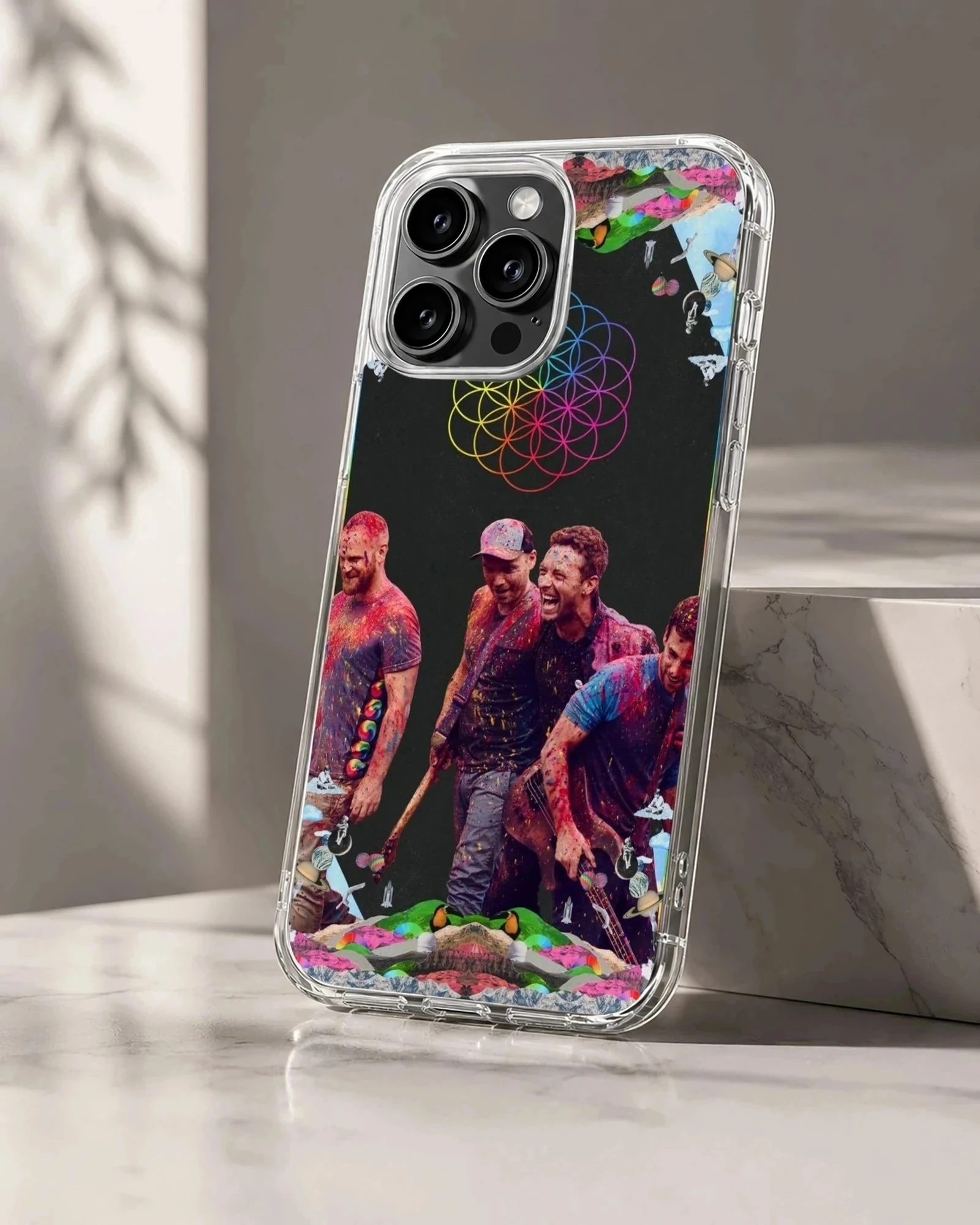 Vibrant music icons band artwork phone case with colorful splatter paint and geometric neon flower design
