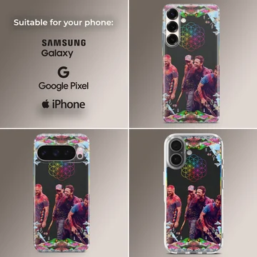 Vibrant music icons band artwork phone case with colorful splatter paint and geometric neon flower design — Collage