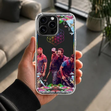 Vibrant music icons band artwork phone case with colorful splatter paint and geometric neon flower design — Lifestyle