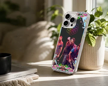 Vibrant music icons band artwork phone case with colorful splatter paint and geometric neon flower design — Lifestyle