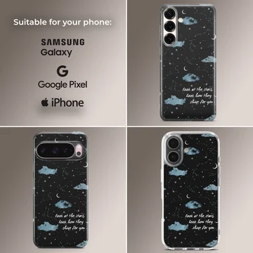 A celestial phone case featuring starry night skies, blue clouds, and handwritten song lyrics on a black background — Collage