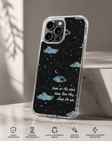 A celestial phone case featuring starry night skies, blue clouds, and handwritten song lyrics on a black background — Specs