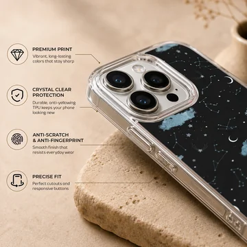 A celestial phone case featuring starry night skies, blue clouds, and handwritten song lyrics on a black background — Info