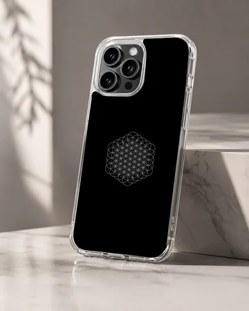 Minimalist geometric music icon printed in white on a black matte phone case — Hero