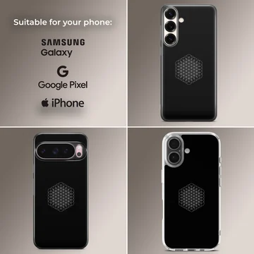 Minimalist geometric music icon printed in white on a black matte phone case — Collage