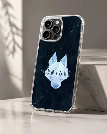 Midnight wolf illustration against a starry night sky on a phone case