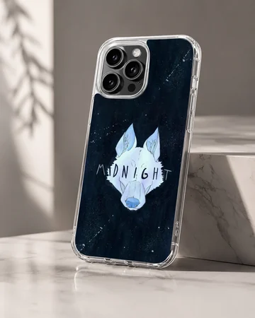 Midnight wolf illustration against a starry night sky on a phone case — Hero