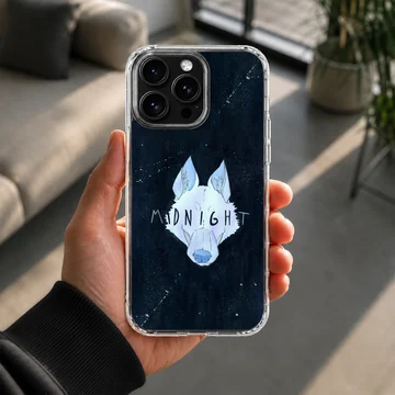 Midnight wolf illustration against a starry night sky on a phone case — Lifestyle