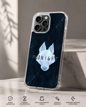 Midnight wolf illustration against a starry night sky on a phone case — Specs