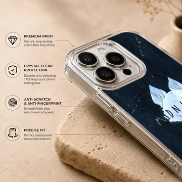 Midnight wolf illustration against a starry night sky on a phone case — Info