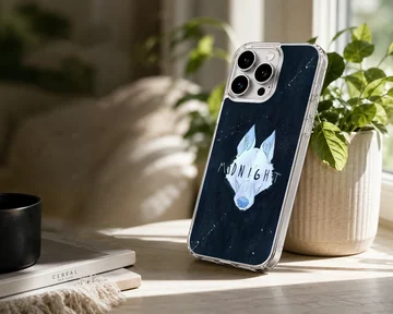 Midnight wolf illustration against a starry night sky on a phone case — Lifestyle