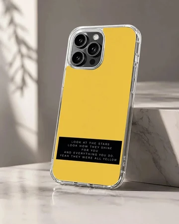 Minimalist yellow phone case featuring a black banner with white song lyric typography.