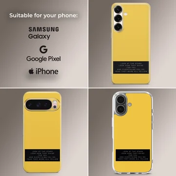 Minimalist yellow phone case featuring a black banner with white song lyric typography. — Collage