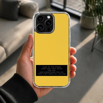 Minimalist yellow phone case featuring a black banner with white song lyric typography. — Lifestyle