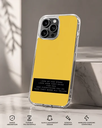 Minimalist yellow phone case featuring a black banner with white song lyric typography. — Specs